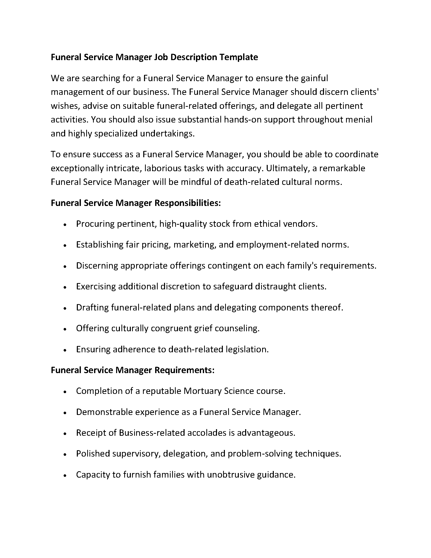 Funeral Service Manager Job Description Template